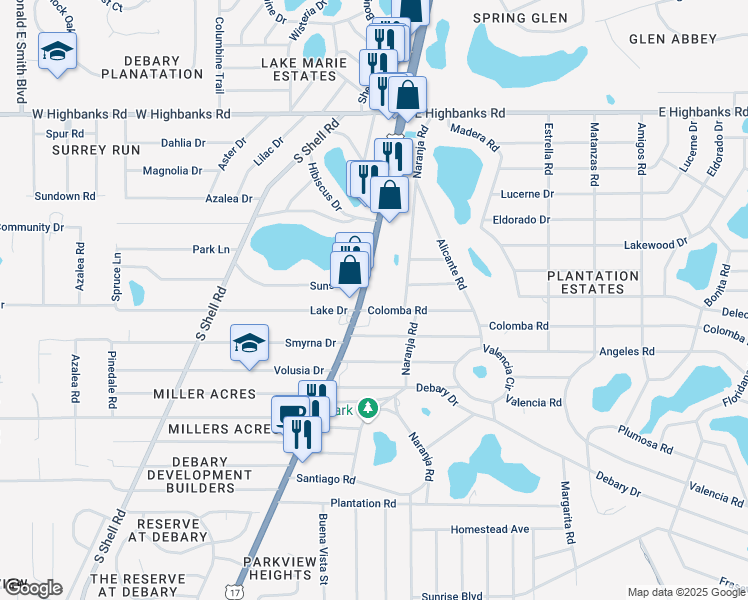 map of restaurants, bars, coffee shops, grocery stores, and more near 11 Colomba Road in DeBary