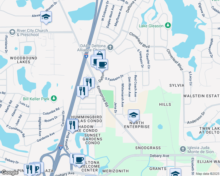 map of restaurants, bars, coffee shops, grocery stores, and more near 740 Jena Drive in Deltona