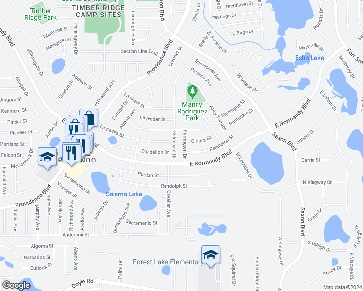 map of restaurants, bars, coffee shops, grocery stores, and more near 754 Farrington Drive in Deltona