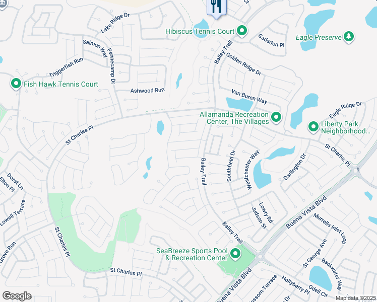 map of restaurants, bars, coffee shops, grocery stores, and more near 1790 Foliage Lane in The Villages