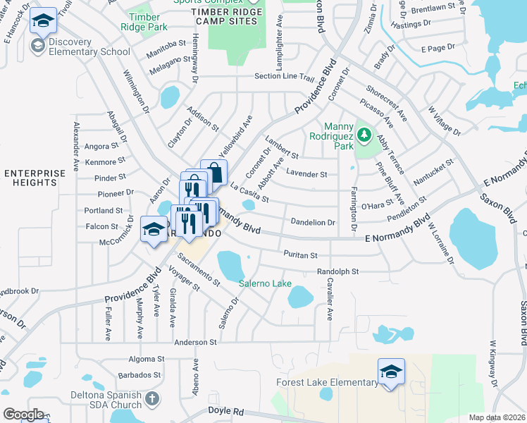 map of restaurants, bars, coffee shops, grocery stores, and more near 1362 Dandelion Drive in Deltona