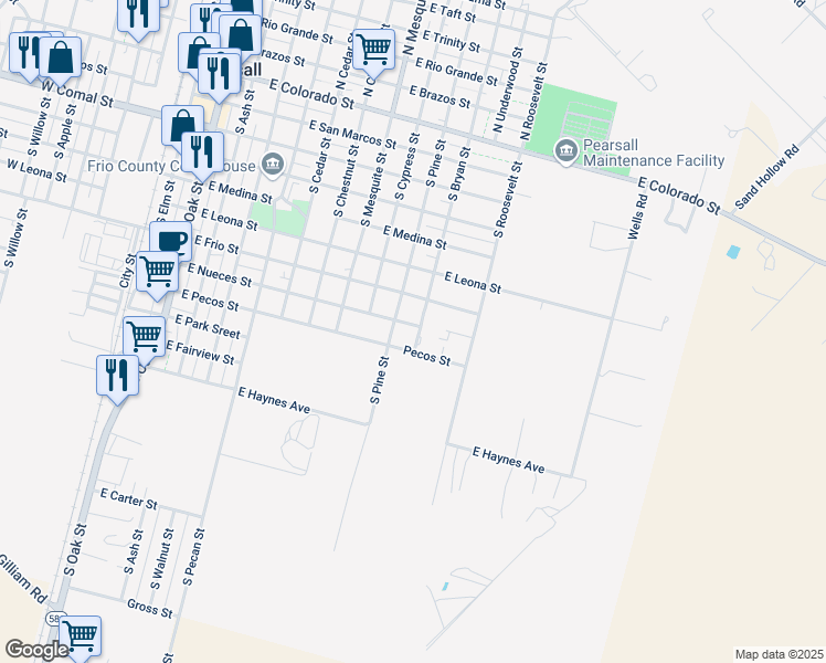 map of restaurants, bars, coffee shops, grocery stores, and more near 1105 East Nueces Street in Pearsall