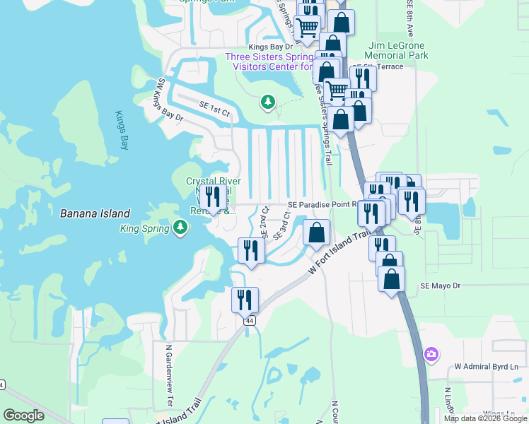 map of restaurants, bars, coffee shops, grocery stores, and more near 1680 Southeast 2nd Court in Crystal River