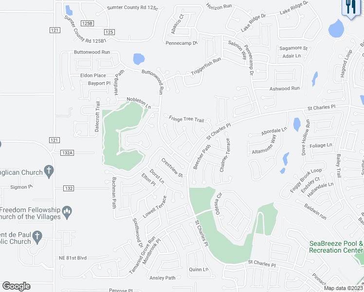 map of restaurants, bars, coffee shops, grocery stores, and more near 2236 Valley Oak Street in The Villages