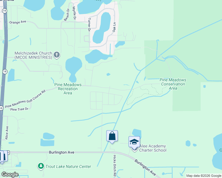 map of restaurants, bars, coffee shops, grocery stores, and more near Pine Meadows Golf Course Road in Eustis