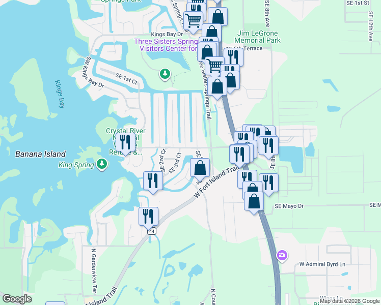 map of restaurants, bars, coffee shops, grocery stores, and more near 452 Southeast Paradise Point Road in Crystal River
