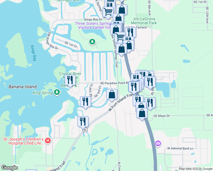 map of restaurants, bars, coffee shops, grocery stores, and more near 305 Southeast Paradise Point Road in Crystal River