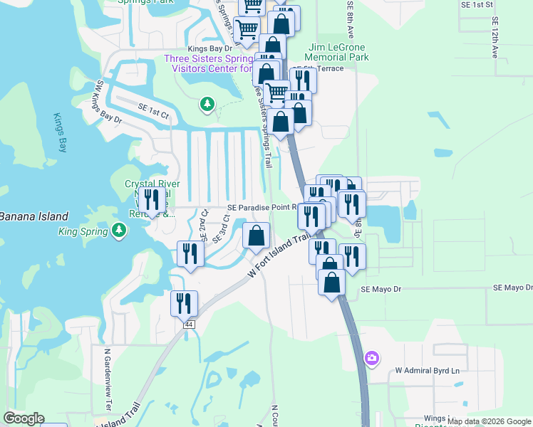 map of restaurants, bars, coffee shops, grocery stores, and more near 600 Three Sisters Springs Trail in Crystal River