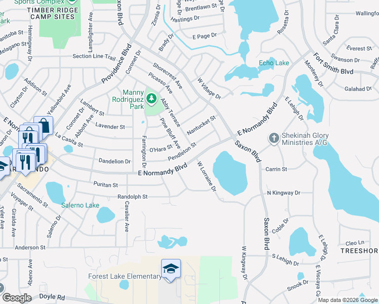 map of restaurants, bars, coffee shops, grocery stores, and more near 1665 Pendleton Street in Deltona