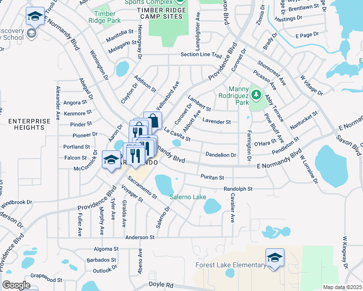 map of restaurants, bars, coffee shops, grocery stores, and more near 1399 La Casita Street in Deltona
