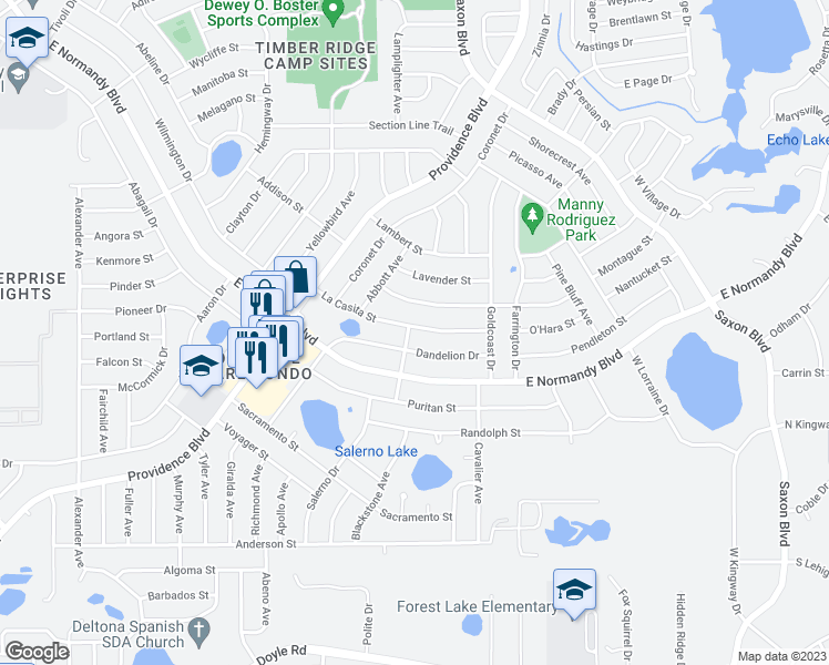 map of restaurants, bars, coffee shops, grocery stores, and more near 765 Manchester Avenue in Deltona