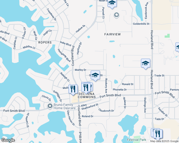map of restaurants, bars, coffee shops, grocery stores, and more near 3144 Maltby Drive in Deltona