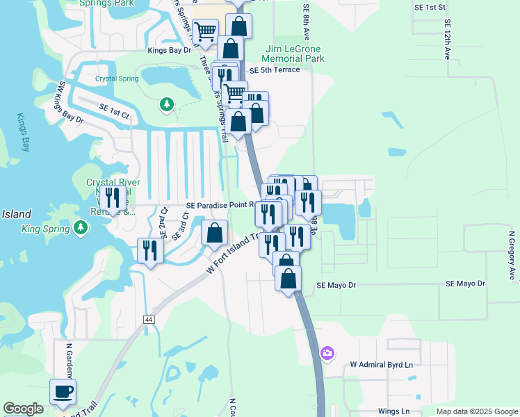 map of restaurants, bars, coffee shops, grocery stores, and more near 1502 SE Us Highway 19 in Crystal River