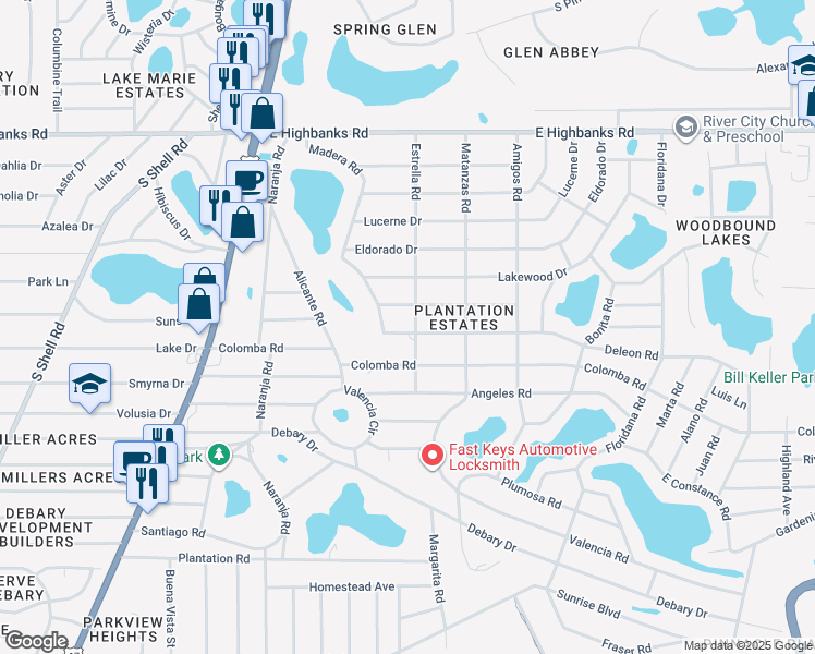 map of restaurants, bars, coffee shops, grocery stores, and more near 140 Deleon Road in DeBary