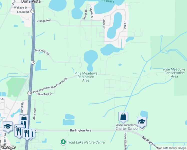 map of restaurants, bars, coffee shops, grocery stores, and more near 1901 Pine Meadows Golf Course Road in Eustis