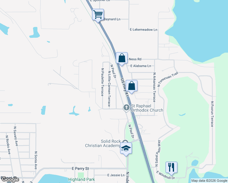 map of restaurants, bars, coffee shops, grocery stores, and more near 1455-1467 North Paul Drive in Inverness