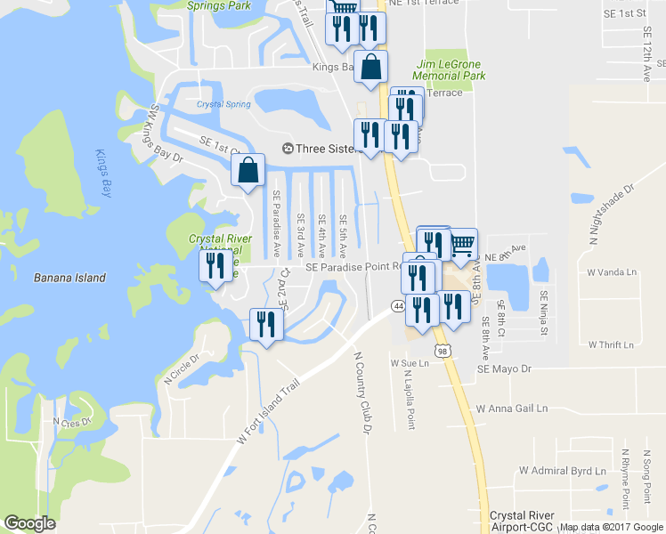 map of restaurants, bars, coffee shops, grocery stores, and more near 305 Southeast Paradise Point Road in Crystal River