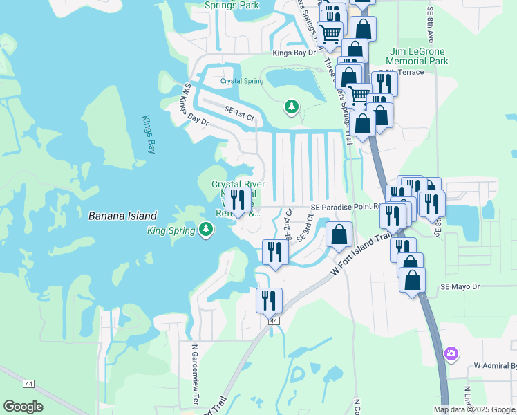 map of restaurants, bars, coffee shops, grocery stores, and more near 151 Southeast Paradise Point Road in Crystal River