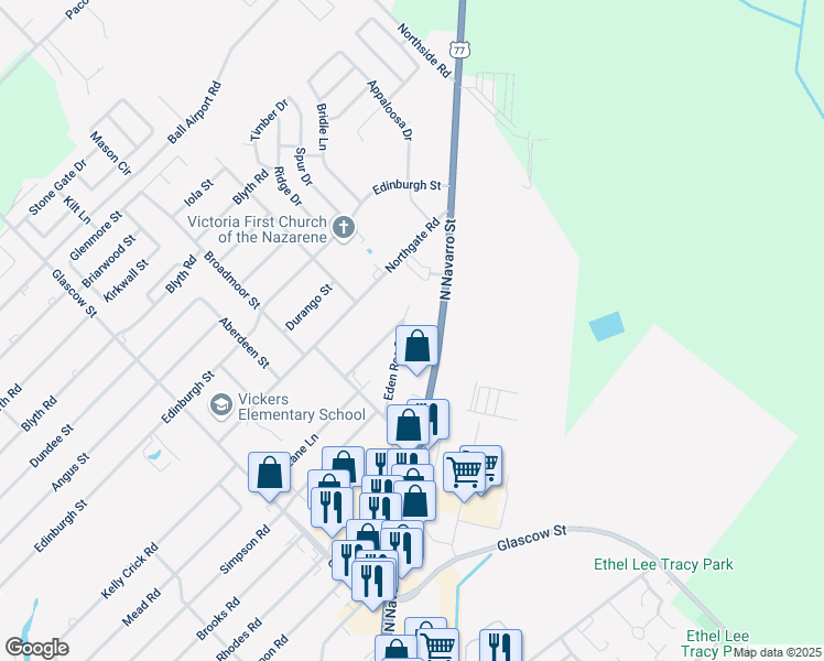 map of restaurants, bars, coffee shops, grocery stores, and more near 9603 North Navarro Street in Victoria