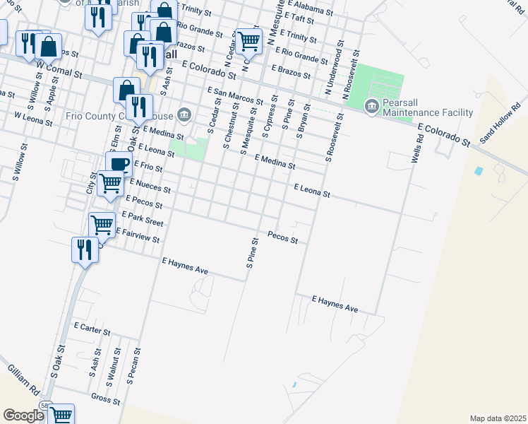 map of restaurants, bars, coffee shops, grocery stores, and more near 1105 East Nueces Street in Pearsall