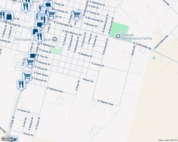 map of restaurants, bars, coffee shops, grocery stores, and more near 1200 East Frio Street in Pearsall