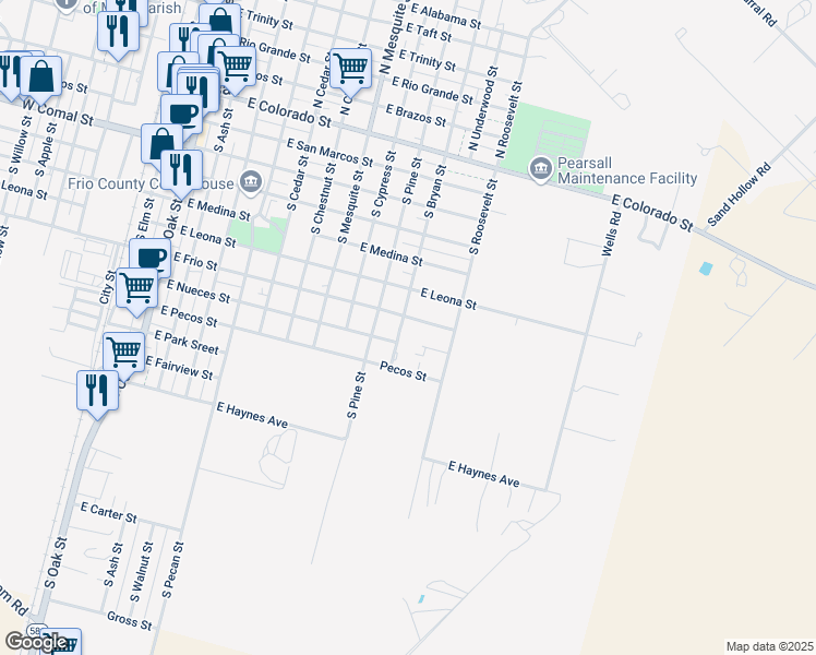 map of restaurants, bars, coffee shops, grocery stores, and more near 1200 East Frio Street in Pearsall