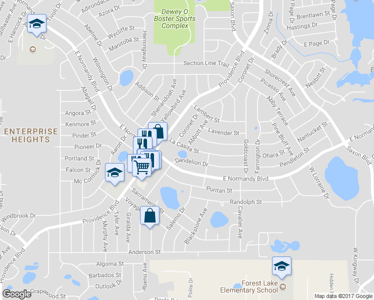 map of restaurants, bars, coffee shops, grocery stores, and more near 1399 La Casita Street in Deltona