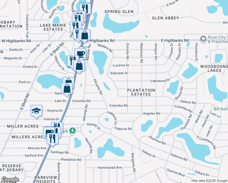 map of restaurants, bars, coffee shops, grocery stores, and more near 58 Madera Road in DeBary