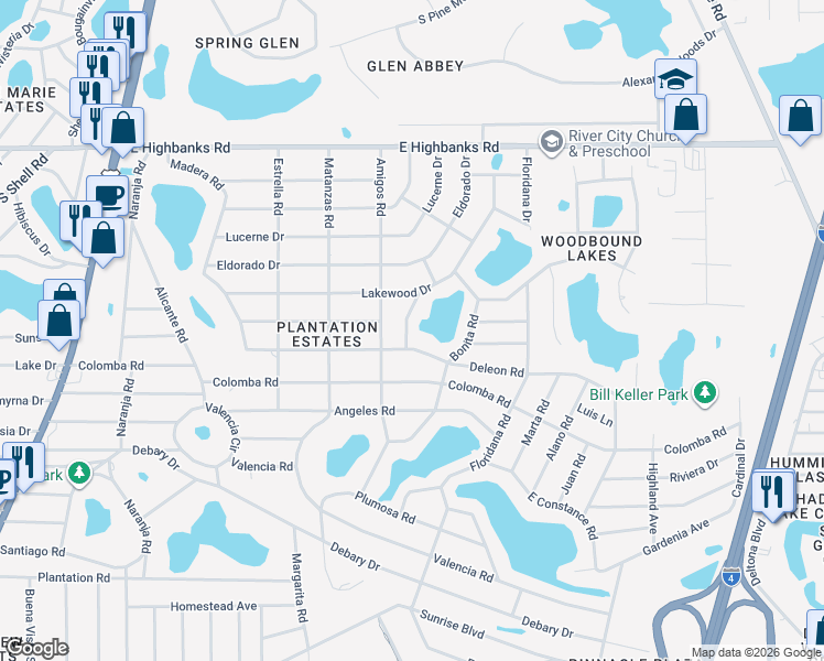 map of restaurants, bars, coffee shops, grocery stores, and more near 53 Pine Hill Road in DeBary
