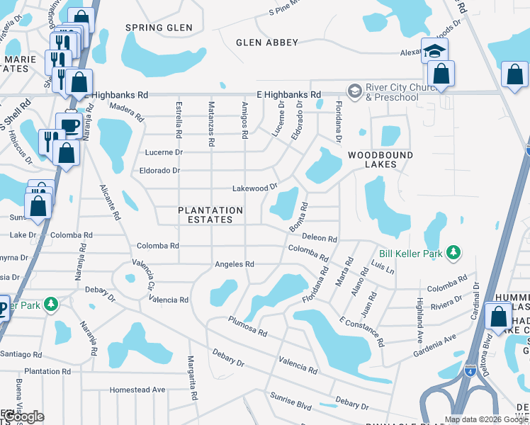 map of restaurants, bars, coffee shops, grocery stores, and more near 53 Pine Hill Road in DeBary