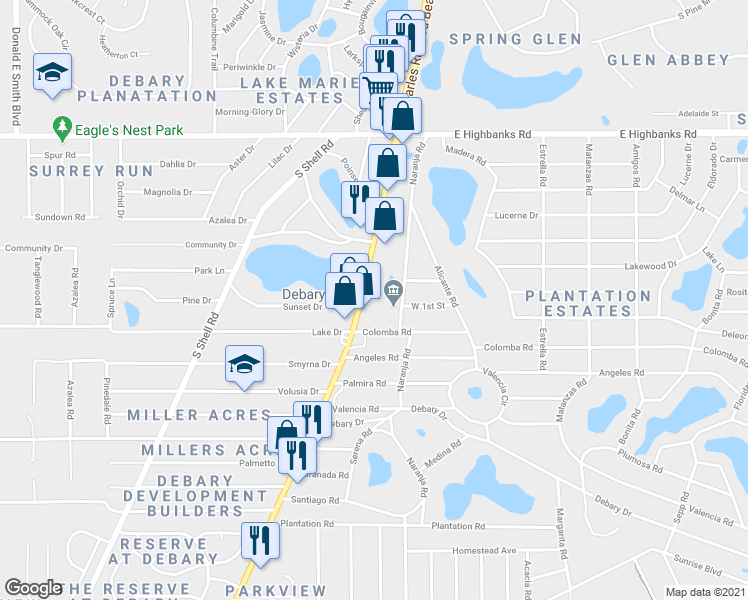map of restaurants, bars, coffee shops, grocery stores, and more near 79 South Charles Richard Beall Boulevard in DeBary