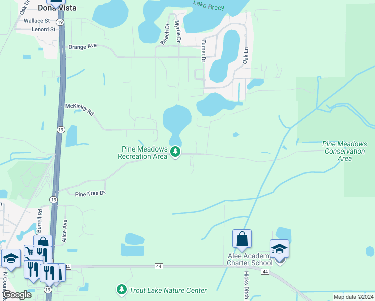 map of restaurants, bars, coffee shops, grocery stores, and more near 1901 Pine Meadows Golf Course Road in Eustis