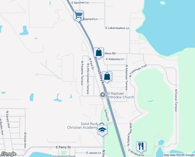 map of restaurants, bars, coffee shops, grocery stores, and more near 1455 North Paul Drive in Inverness