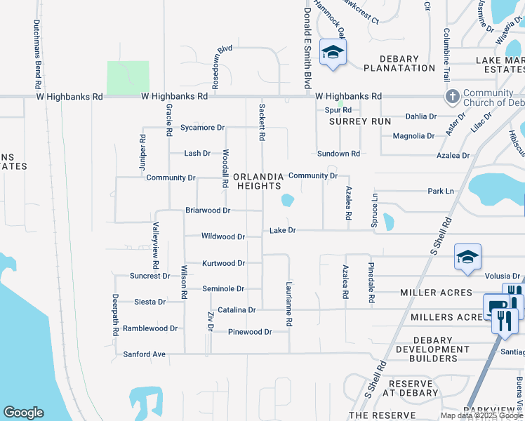 map of restaurants, bars, coffee shops, grocery stores, and more near 140 Briarwood Drive in DeBary