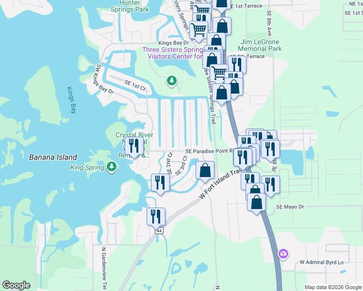 map of restaurants, bars, coffee shops, grocery stores, and more near 1425 Southeast 3rd Avenue in Crystal River