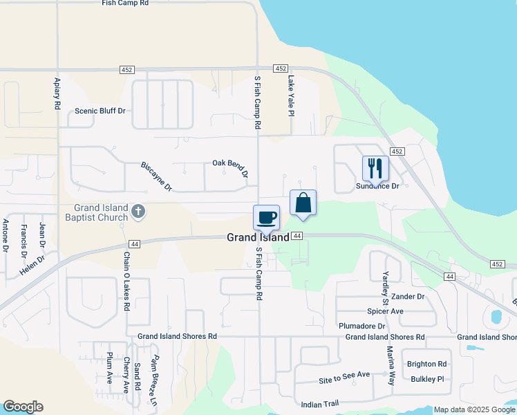 map of restaurants, bars, coffee shops, grocery stores, and more near 36816 South Fish Camp Road in Grand Island