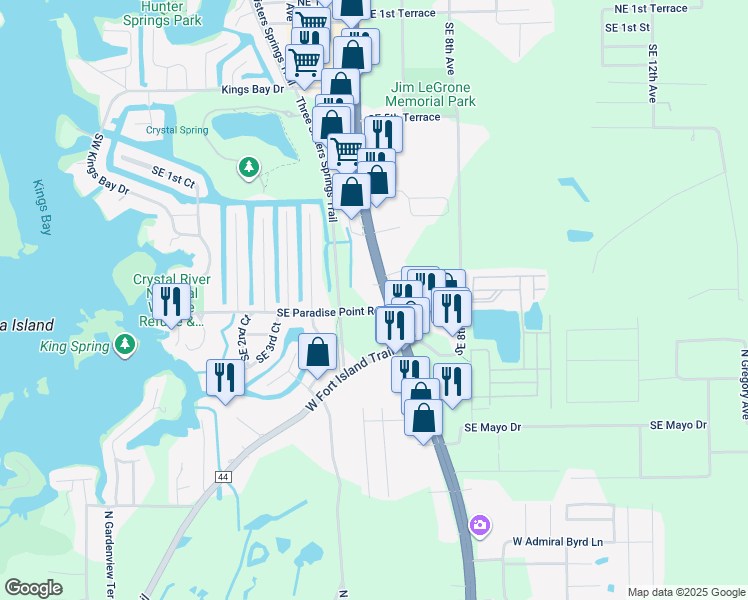 map of restaurants, bars, coffee shops, grocery stores, and more near 1502 Southeast US Highway 19 in Crystal River