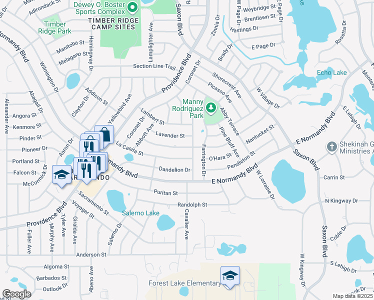 map of restaurants, bars, coffee shops, grocery stores, and more near 1491 Malaluka Street in Deltona