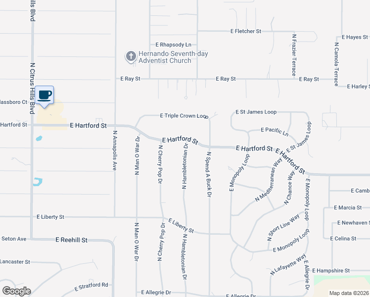 map of restaurants, bars, coffee shops, grocery stores, and more near 1464 North Hambletonian Drive in Hernando
