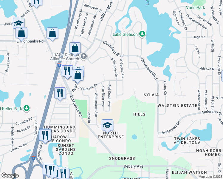map of restaurants, bars, coffee shops, grocery stores, and more near 767 Red Coach Avenue in Deltona