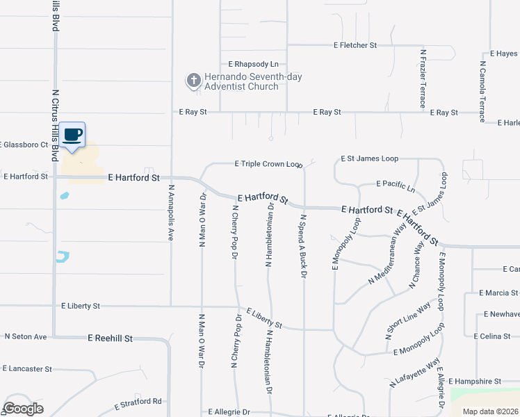 map of restaurants, bars, coffee shops, grocery stores, and more near 1464 North Hambletonian Drive in Hernando