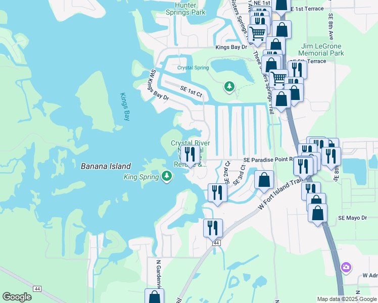 map of restaurants, bars, coffee shops, grocery stores, and more near 1502 Southeast Kings Bay Drive in Crystal River