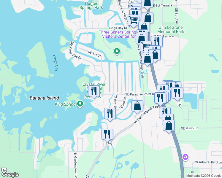 map of restaurants, bars, coffee shops, grocery stores, and more near 1412 Southeast Paradise Avenue in Crystal River