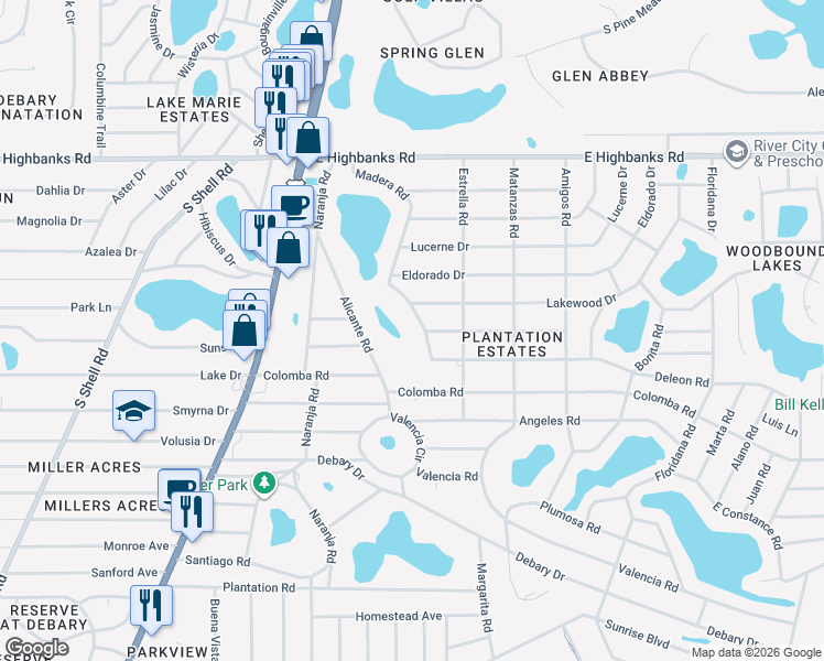map of restaurants, bars, coffee shops, grocery stores, and more near 58 Madera Road in DeBary