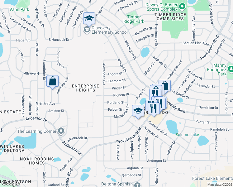 map of restaurants, bars, coffee shops, grocery stores, and more near 1028 Pioneer Drive in Deltona