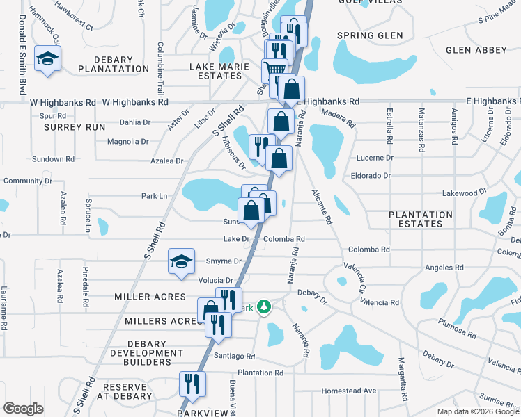 map of restaurants, bars, coffee shops, grocery stores, and more near 92 U.S. 17 in DeBary