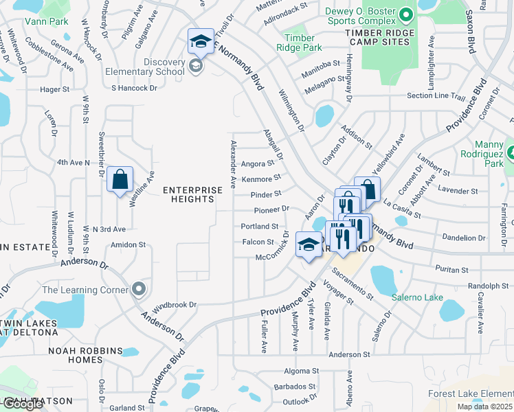 map of restaurants, bars, coffee shops, grocery stores, and more near 1024 Pioneer Drive in Deltona