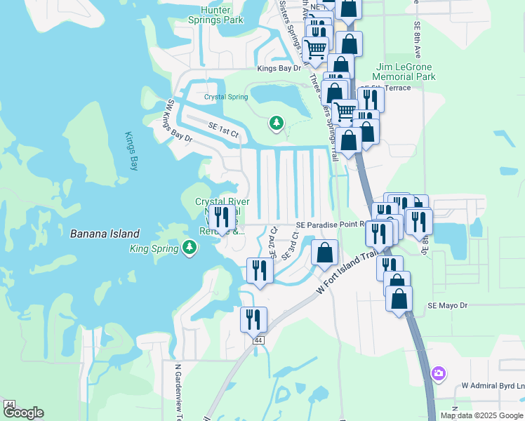 map of restaurants, bars, coffee shops, grocery stores, and more near 151 Southeast Paradise Point Road in Crystal River