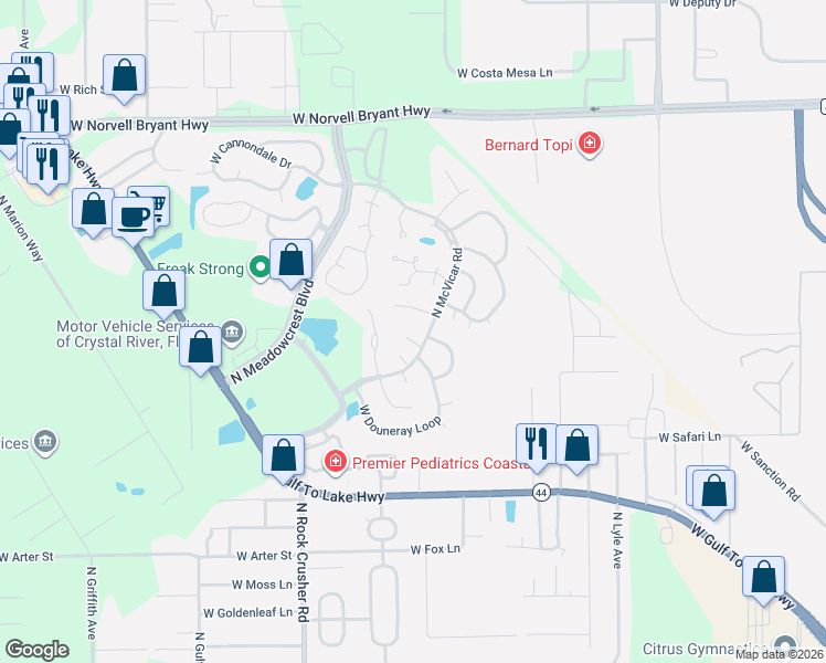 map of restaurants, bars, coffee shops, grocery stores, and more near 5998 West Bromley Circle in Crystal River