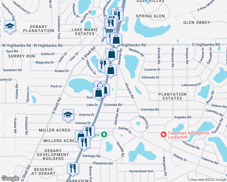 map of restaurants, bars, coffee shops, grocery stores, and more near 79 South Charles Richard Beall Boulevard in DeBary